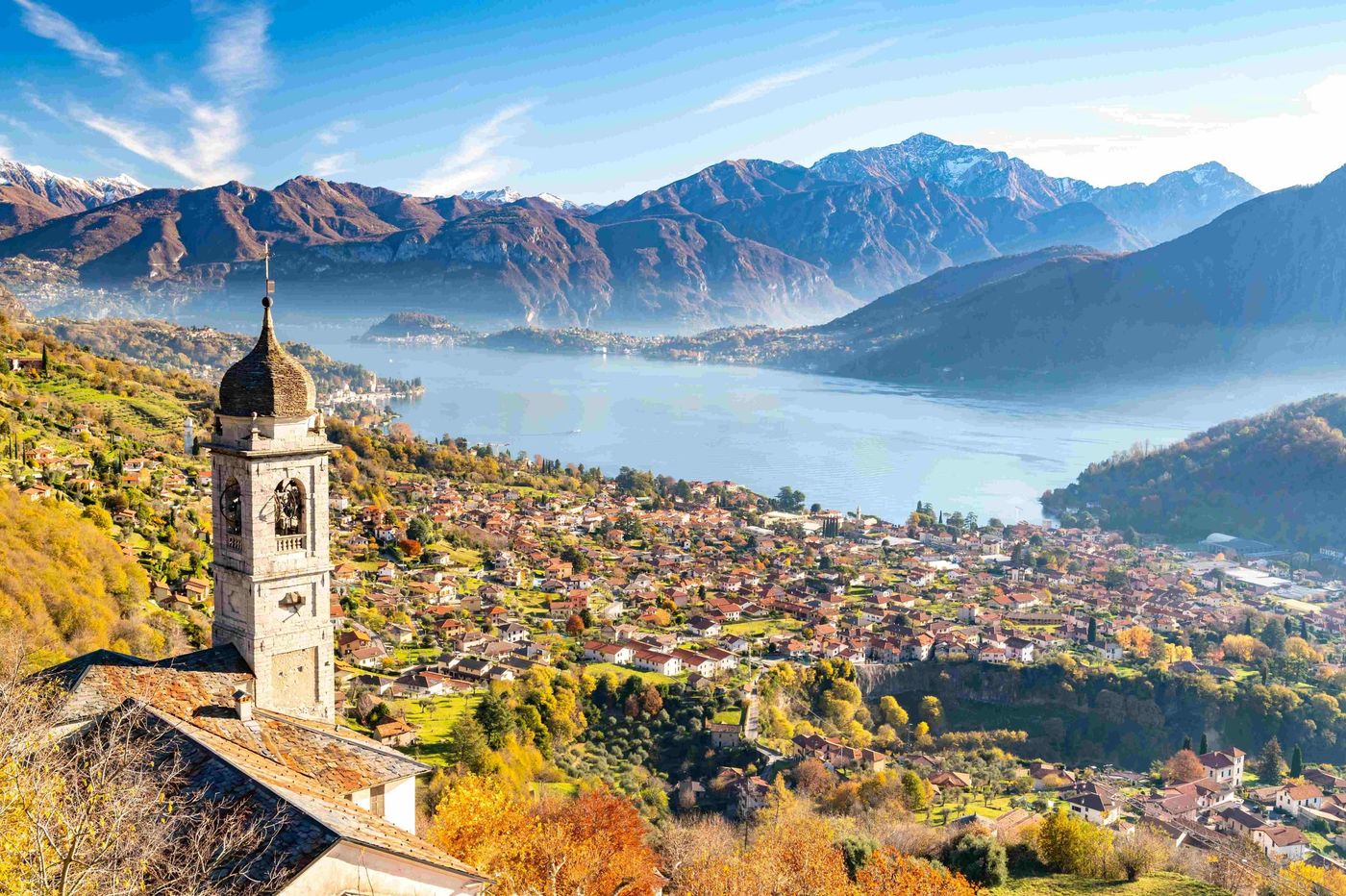 Lake Como Ossuccio Bellagio, Church of the Madonna del Socco, in autumn.