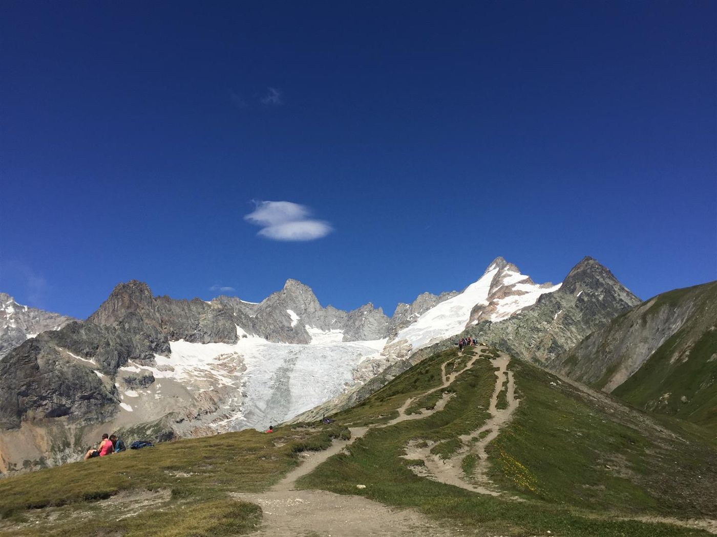 Walkers on TMB resting near glacier