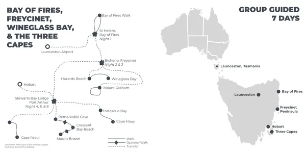 Bay of Fires, Freycinet, Wineglass Bay and the Three Capes - 7 Days route map
