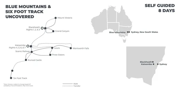 Blue Mountains and Six Foot Track Uncovered - 8 Days route map