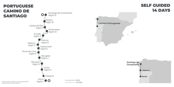 Portuguese Camino de Santiago - 14 Days route map