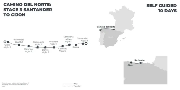 Camino del Norte: Stage 3 - Santander to Gijon - 10 Days route map