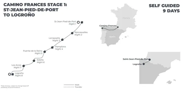 Camino Frances Stage 1: St Jean Pied de Port to Logrono - 9 Days route map