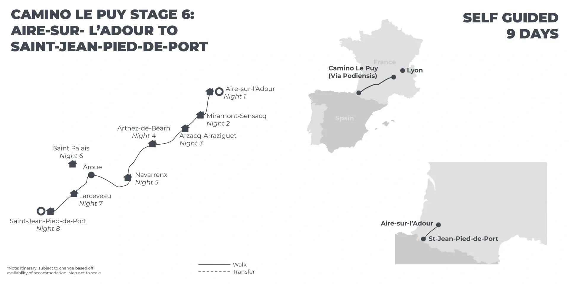Camino Le Puy: Stage 6 - Aire Sur L'Adour to St. Jean Pied de Port - 9 Days route map