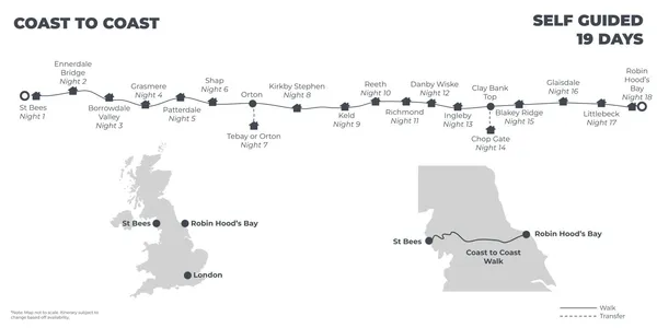Coast to Coast: Best Available B&B's and Guesthouses - 19 Days route map