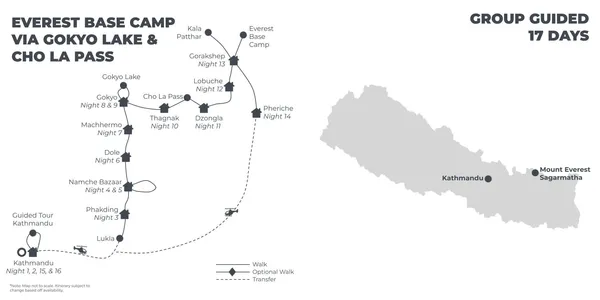 Everest Base Camp via Gokyo Lake & Cho La Pass - 17 Days route map