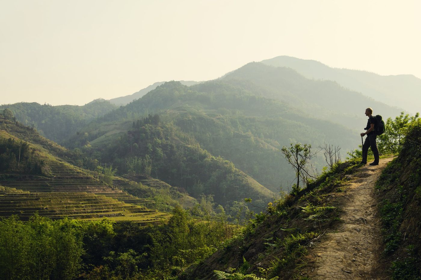 Man,Hiking,With,Backpack,Holding,Trekking,Sticks,High,In,The