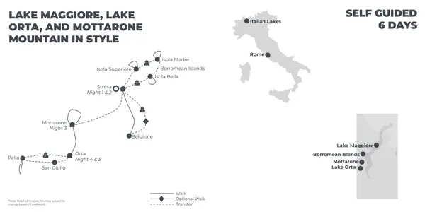 Lake Maggiore, Lake Orta and Mottarone Mountain in Style - 6 Days route map