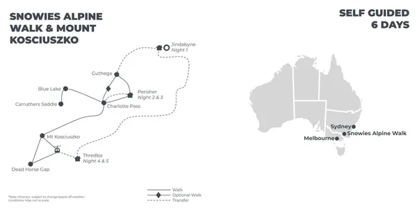Snowies Alpine Walk and Mount Kosciuszko - 6 Days route map