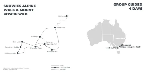 Snowies Alpine Walk with Mount Kosciuszko - 4 Days route map