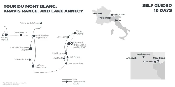 Tour du Mont Blanc, Aravis Range and Lake Annecy - 10 Days route map